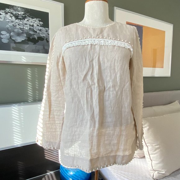 ♥ J. Crew Linen Beige Long Sleeved Blouse with Appliques Size 0     - D - Picture 1 of 9